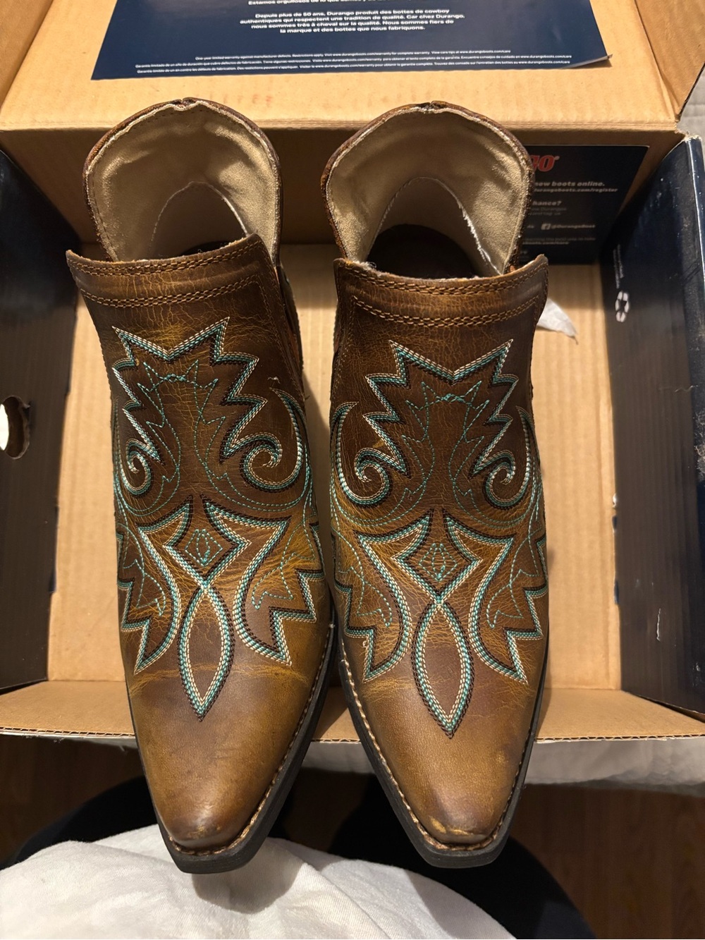 Durango Brown Western Ankle Boots with Turquoise Stitching - Picture 3 of 5